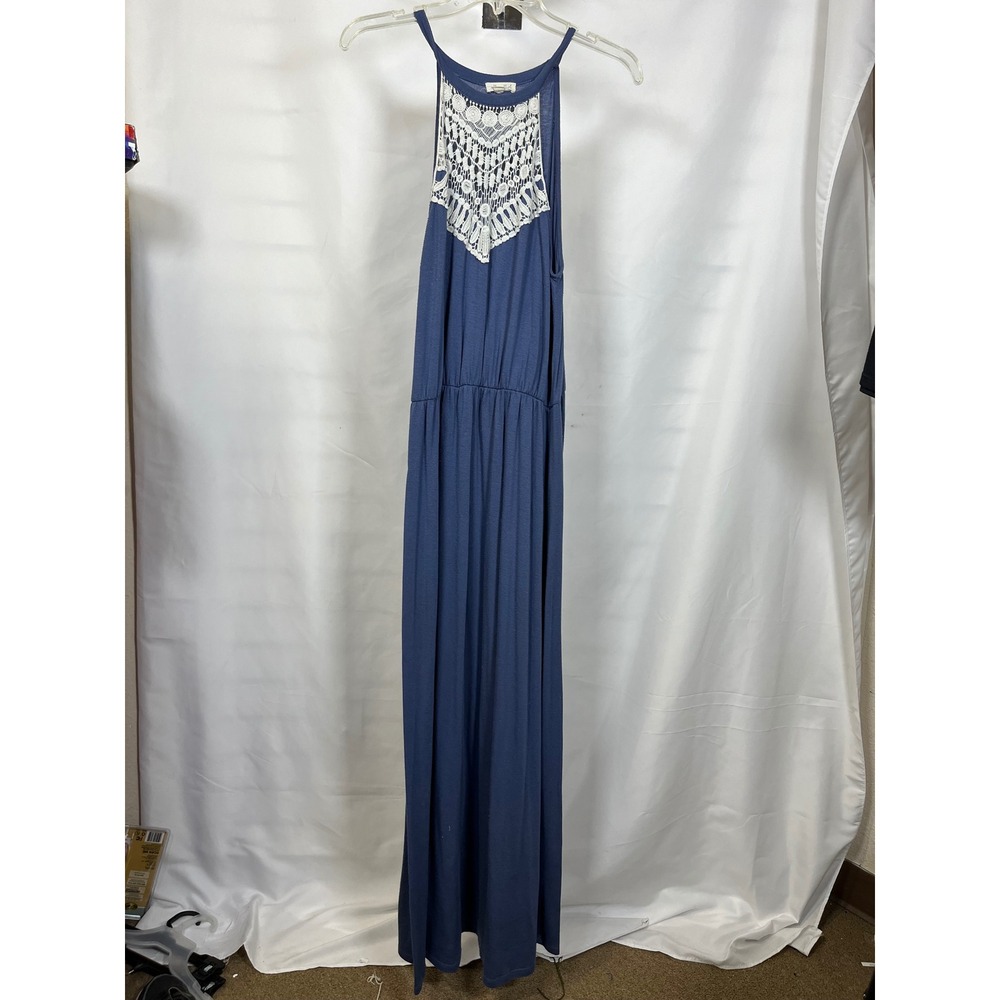 Ultra Flirt Blue Maxi Dress XL Crochet Lace Bib Halter Neck Sleeveless Boho